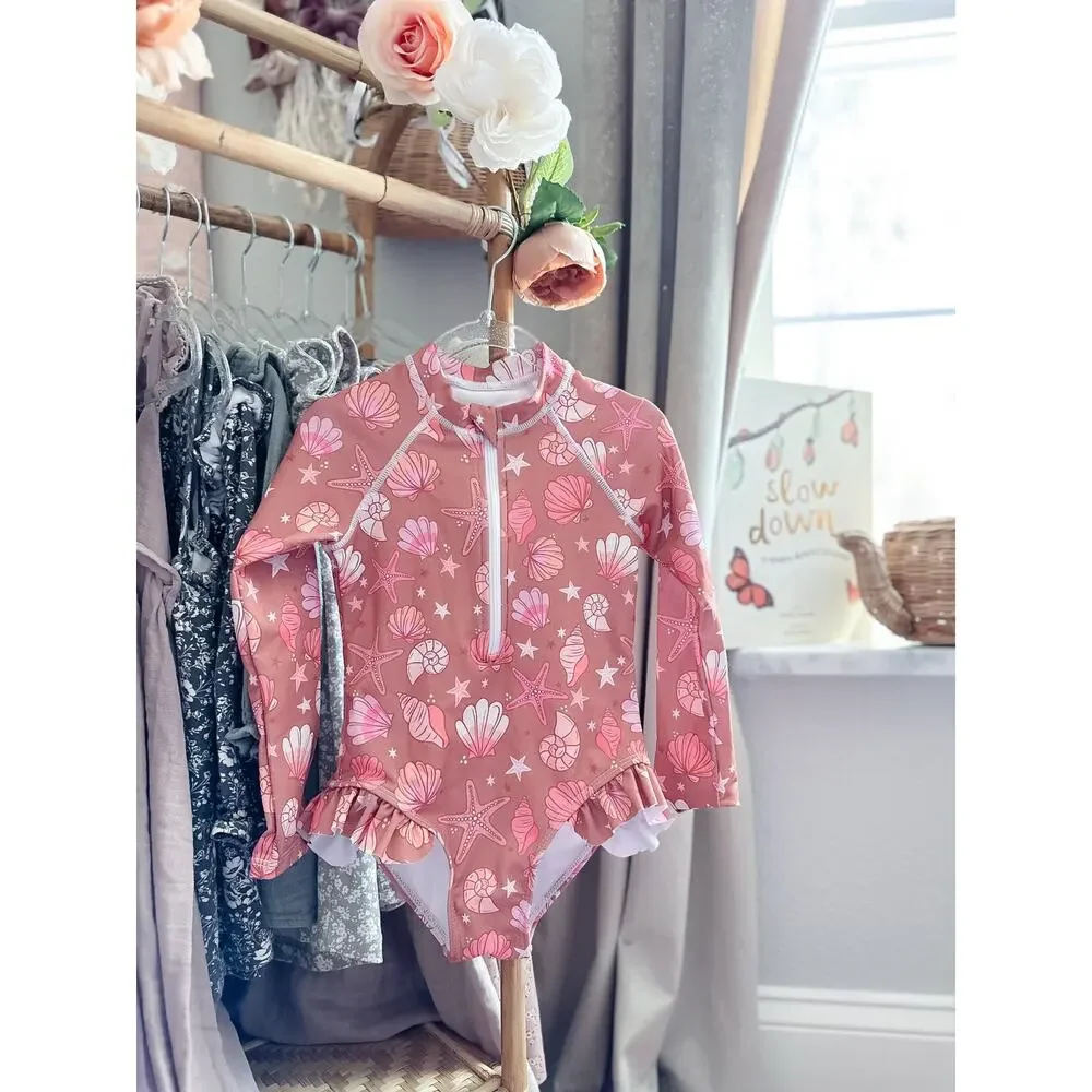 New Magic Box Sunset Shells + Starfish Flutter Rash Guard Swimsuit 5